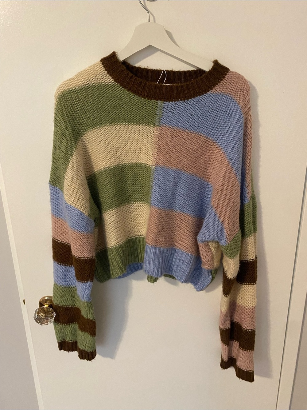 Multicolor Striped Cropped Crewneck Sweater — Green, Blue, Pink, Cream, Brown